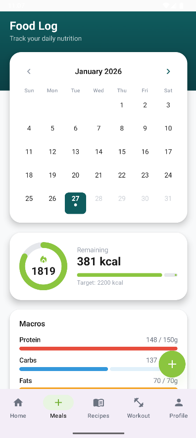VitaPlate food log screen showing daily calorie and macro tracking