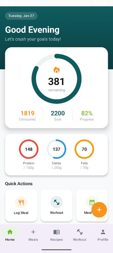 VitaPlate app home screen showing daily nutrition dashboard and meal plan