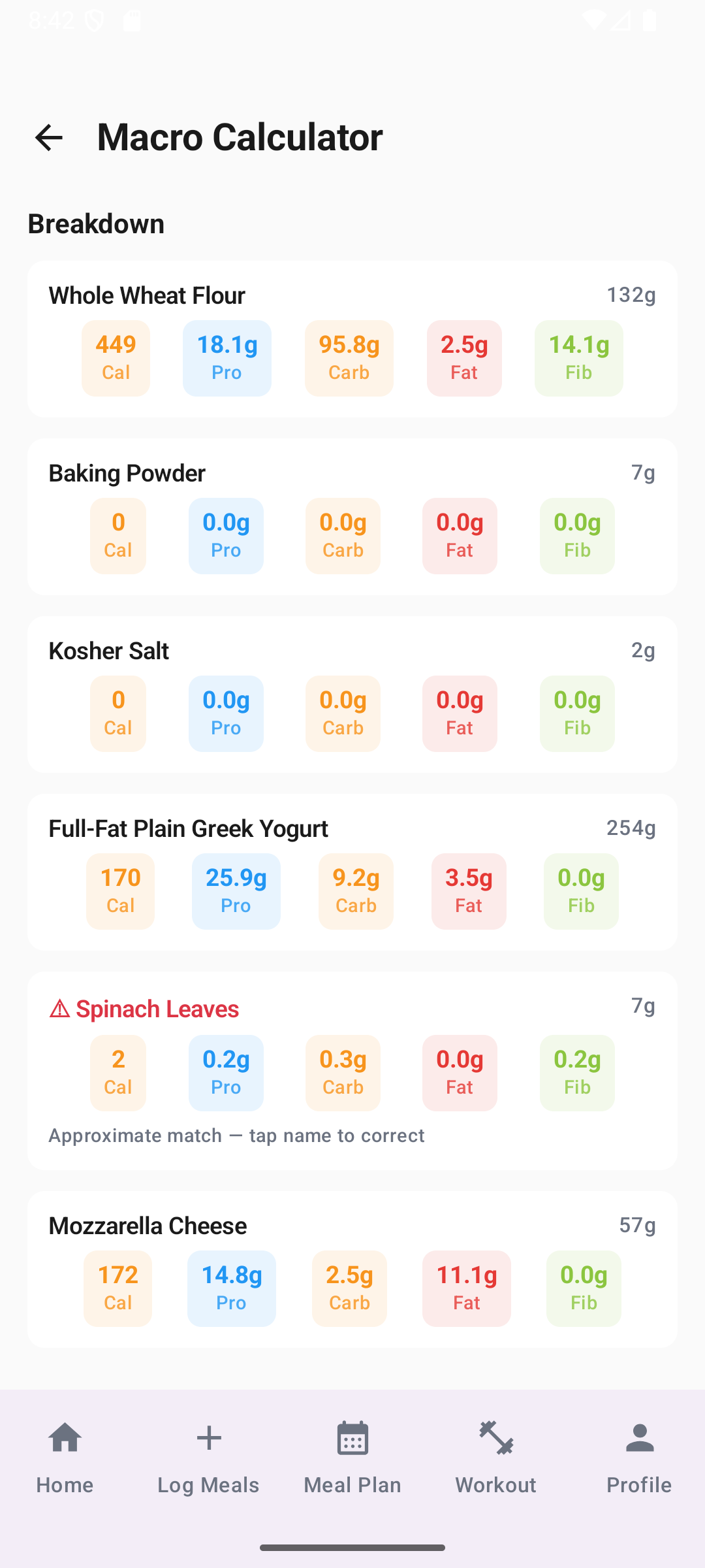VitaPlate macro calculator per-ingredient breakdown