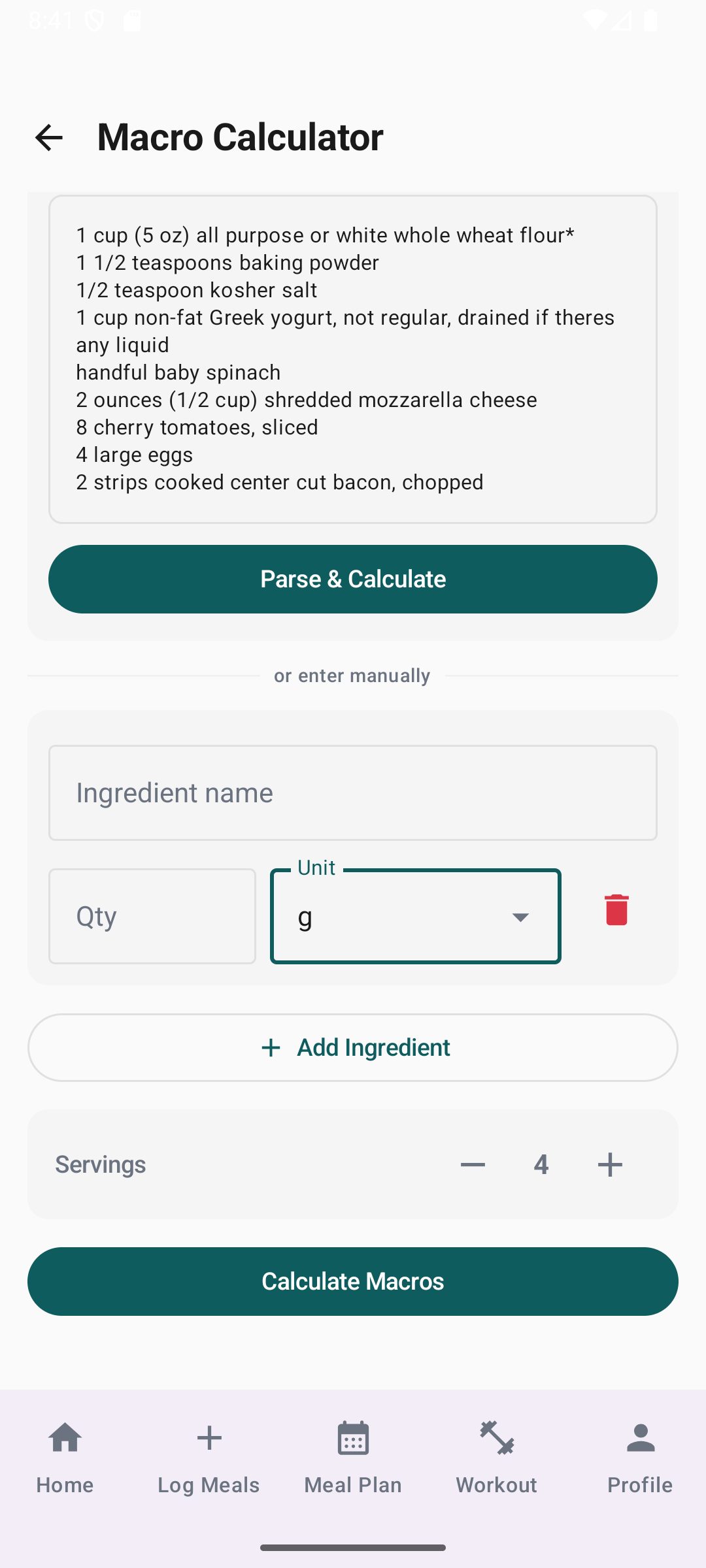 VitaPlate macro calculator input screen with pasted recipe