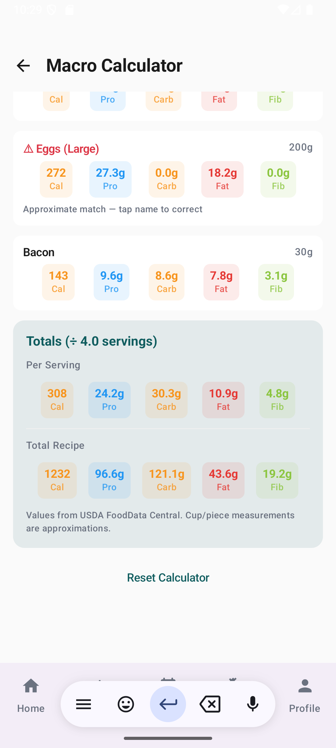 VitaPlate macro calculator per-serving totals