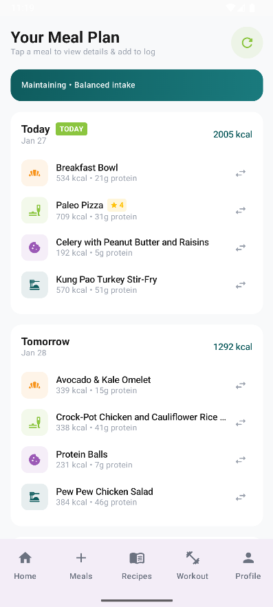 VitaPlate weekly meal plan screen showing 7-day personalized nutrition plan