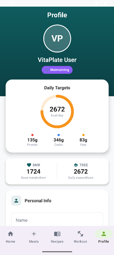 VitaPlate profile and goal setting screen for personalized nutrition targets