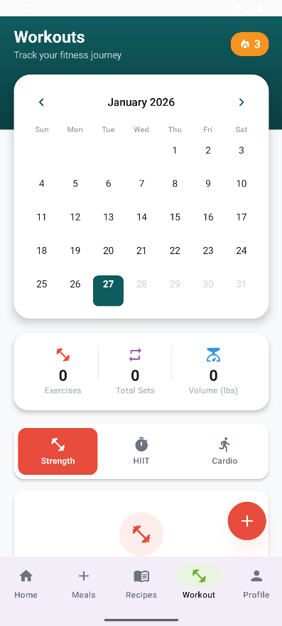 VitaPlate workout tracking screen showing exercise log and calorie adjustment