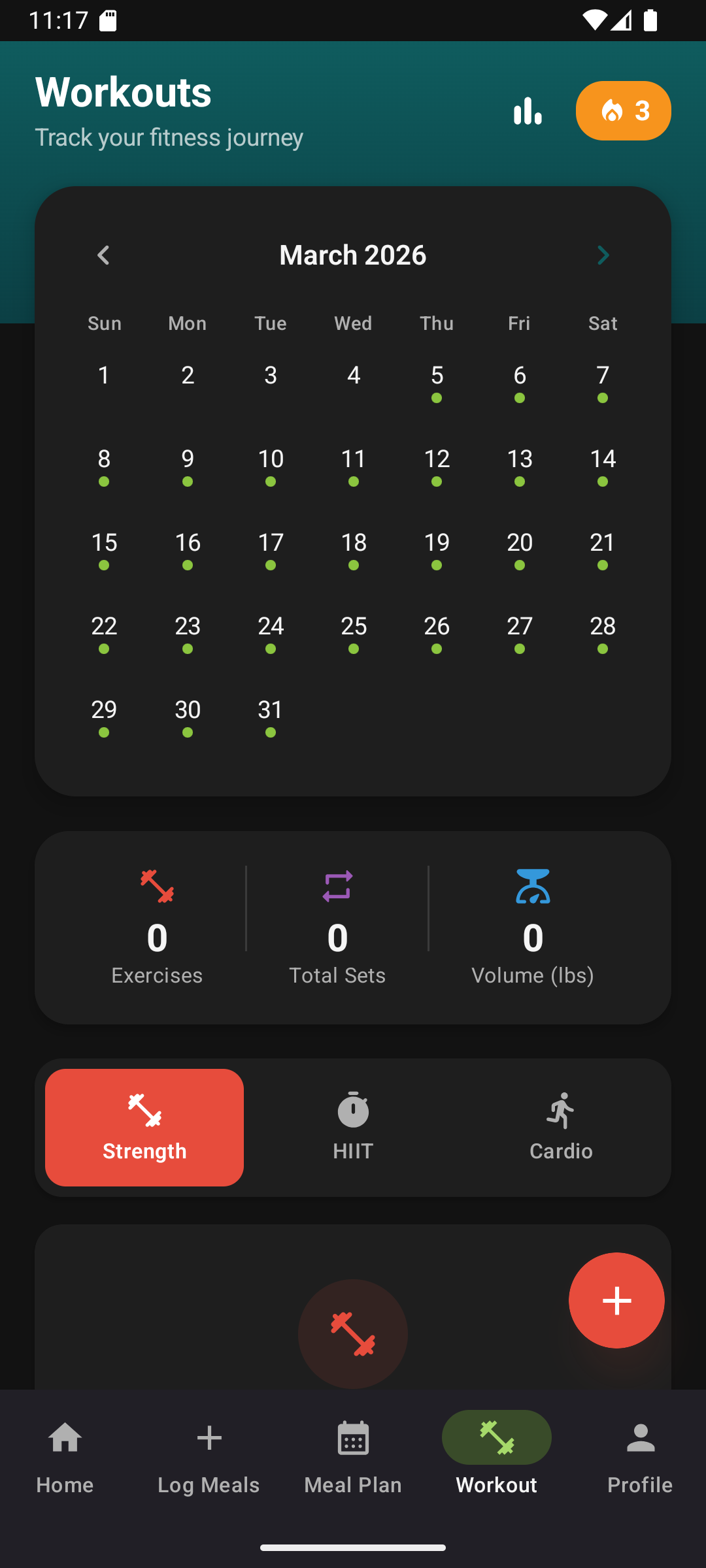 VitaPlate workout calendar with training dots